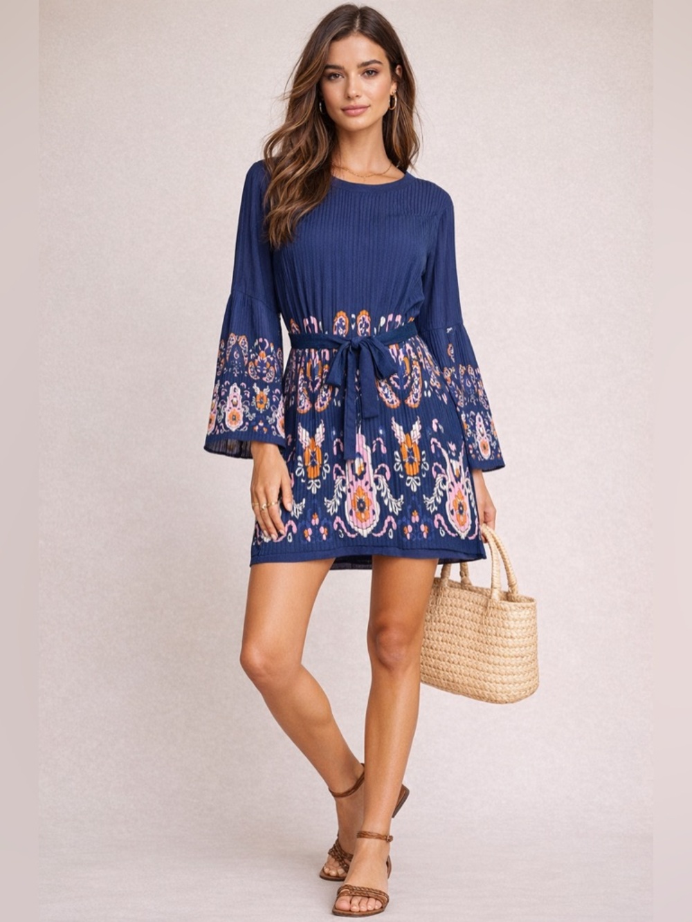 CHUFY Janis Paisley Navy Pleated Tunic Dress Boho Bell Sleeve Tie Waist SZ Small